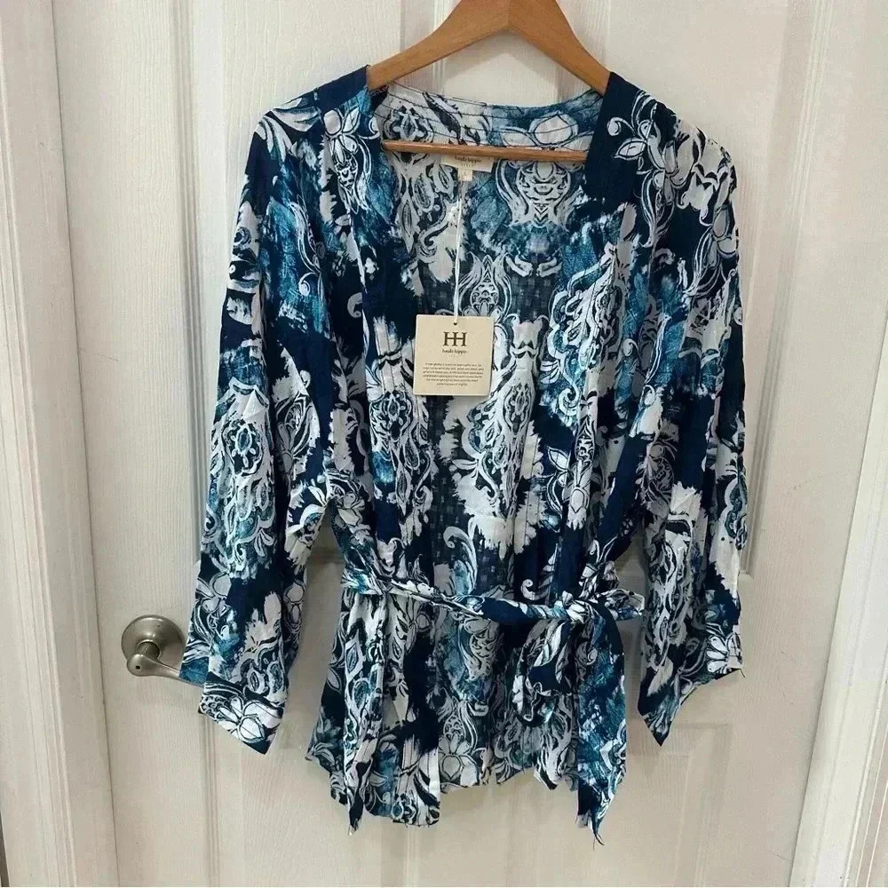 Haute Hippie Navy White & Blue Printed Wrap Top Kimono